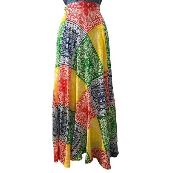 Retro 70s Malbe Maxi Skirt Vtg Sz 7 Bandana Print Red Green Primary Boho Hippy - Picture 5 of 14